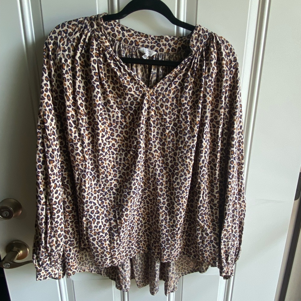 Crown & Ivy 2X Womens Navy And Brown Animal Print Long Sleeve Blouse Neck Tie